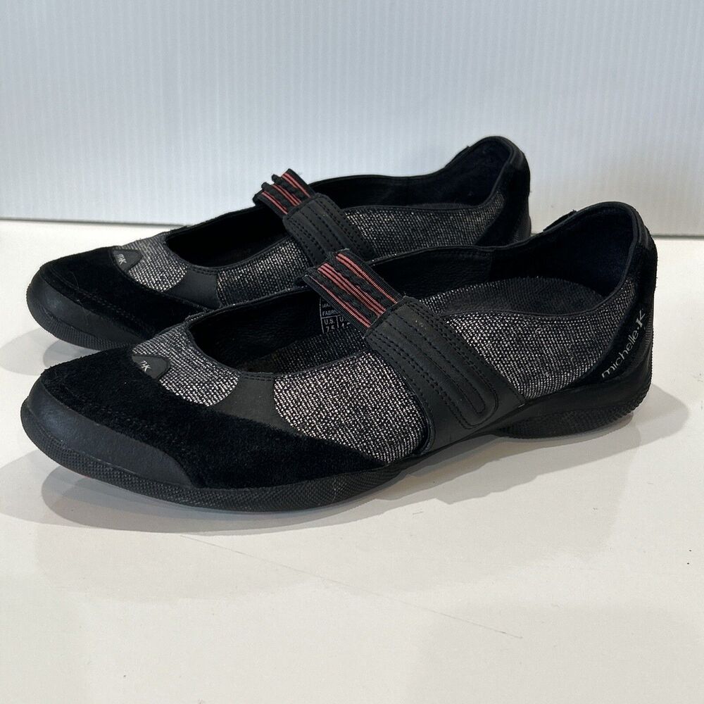 Michelle K Black Suede & Metallic Gray Textile Flat Slip On Shoes Women's 7.5